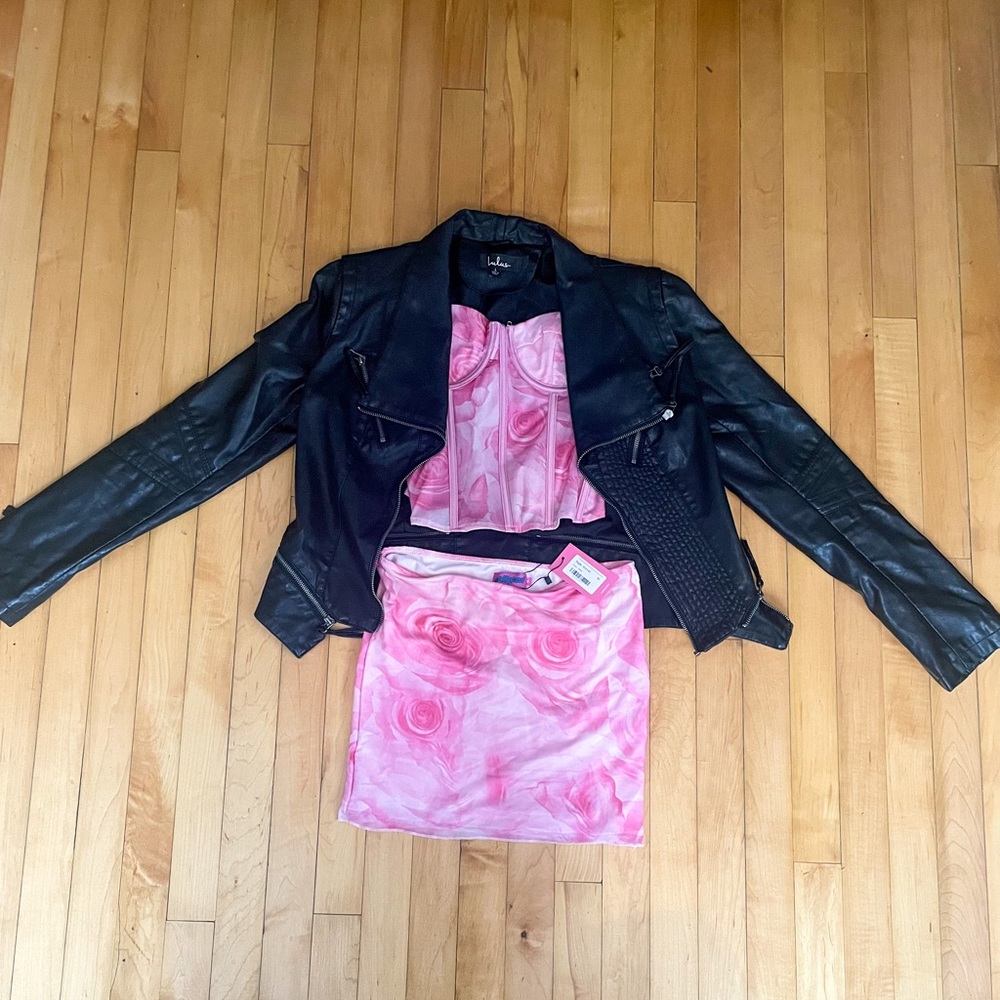 Lulus cropped, black leather jacket, size large.
